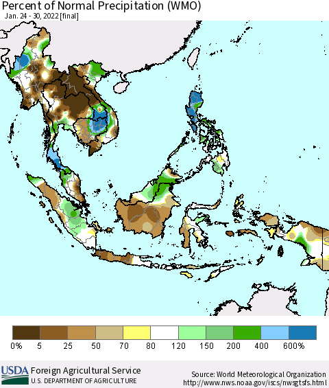 South East Asia Percent of Normal Precipitation (WMO) Thematic Map For 1/24/2022 - 1/30/2022