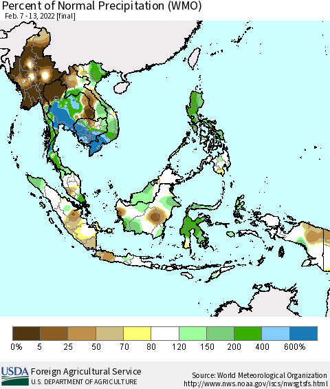 South East Asia Percent of Normal Precipitation (WMO) Thematic Map For 2/7/2022 - 2/13/2022