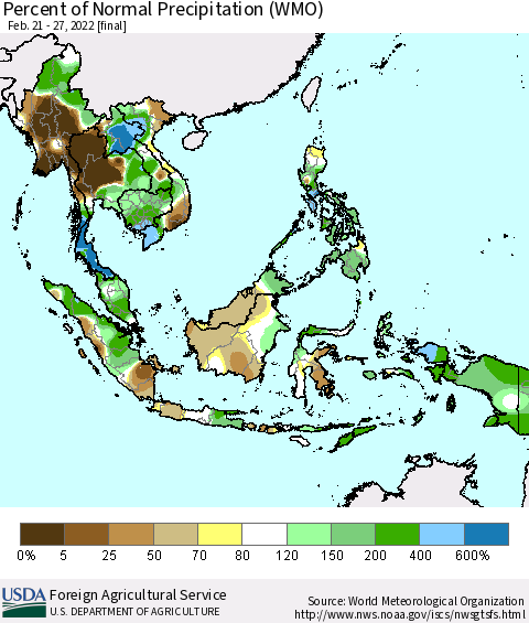 South East Asia Percent of Normal Precipitation (WMO) Thematic Map For 2/21/2022 - 2/27/2022
