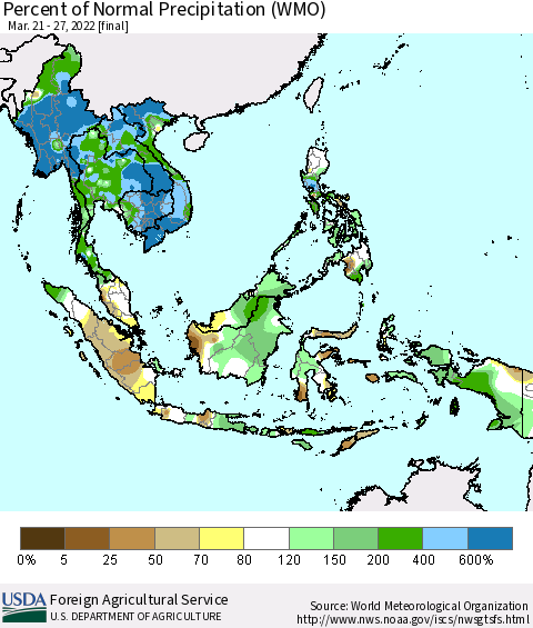 South East Asia Percent of Normal Precipitation (WMO) Thematic Map For 3/21/2022 - 3/27/2022