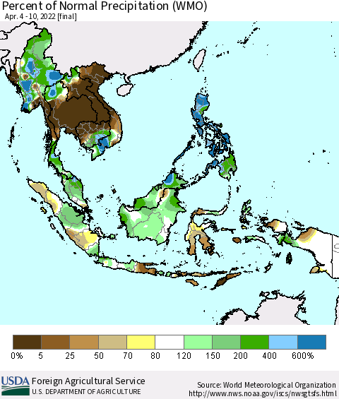 South East Asia Percent of Normal Precipitation (WMO) Thematic Map For 4/4/2022 - 4/10/2022