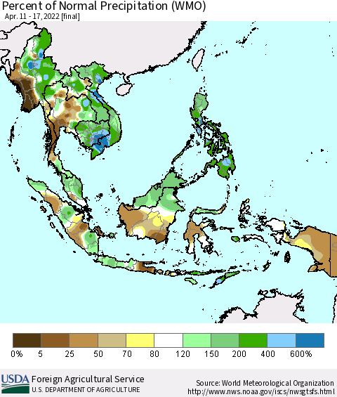 South East Asia Percent of Normal Precipitation (WMO) Thematic Map For 4/11/2022 - 4/17/2022