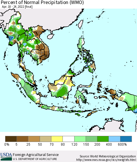 South East Asia Percent of Normal Precipitation (WMO) Thematic Map For 4/18/2022 - 4/24/2022