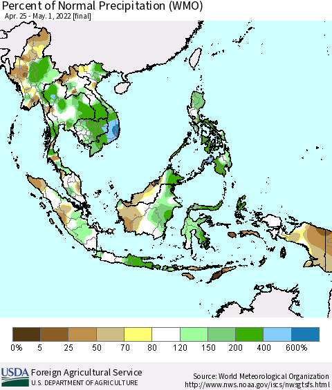 South East Asia Percent of Normal Precipitation (WMO) Thematic Map For 4/25/2022 - 5/1/2022