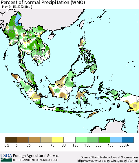 South East Asia Percent of Normal Precipitation (WMO) Thematic Map For 5/9/2022 - 5/15/2022