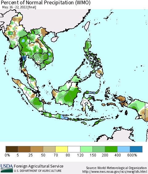 South East Asia Percent of Normal Precipitation (WMO) Thematic Map For 5/16/2022 - 5/22/2022