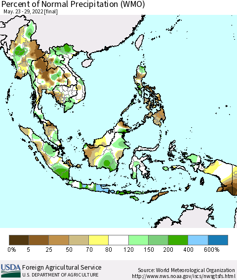 South East Asia Percent of Normal Precipitation (WMO) Thematic Map For 5/23/2022 - 5/29/2022
