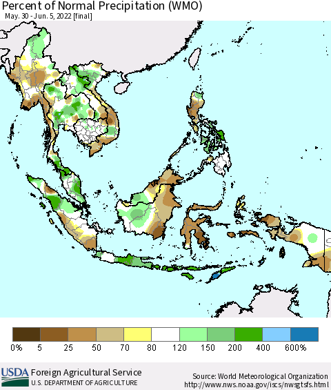 South East Asia Percent of Normal Precipitation (WMO) Thematic Map For 5/30/2022 - 6/5/2022