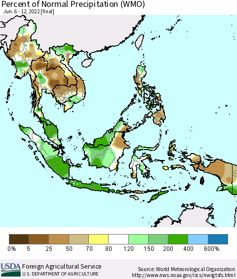 South East Asia Percent of Normal Precipitation (WMO) Thematic Map For 6/6/2022 - 6/12/2022