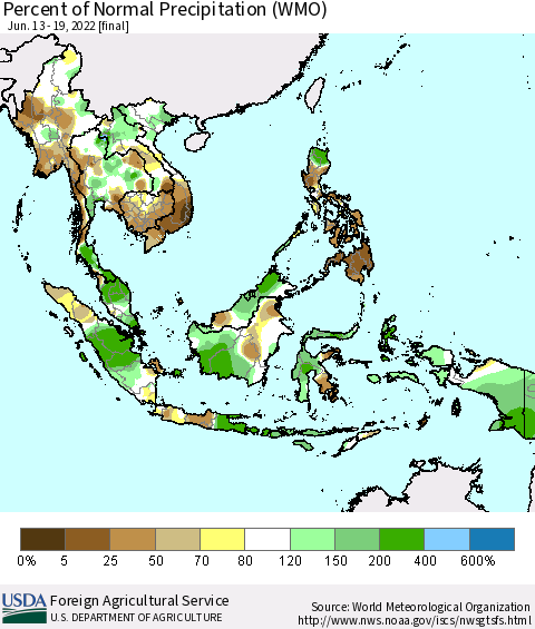 South East Asia Percent of Normal Precipitation (WMO) Thematic Map For 6/13/2022 - 6/19/2022
