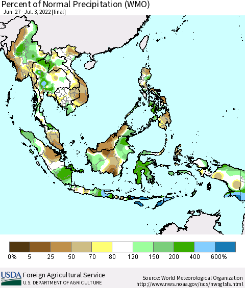 South East Asia Percent of Normal Precipitation (WMO) Thematic Map For 6/27/2022 - 7/3/2022