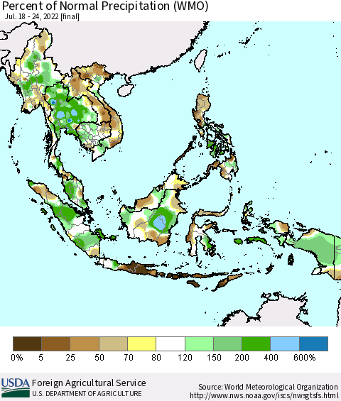 South East Asia Percent of Normal Precipitation (WMO) Thematic Map For 7/18/2022 - 7/24/2022