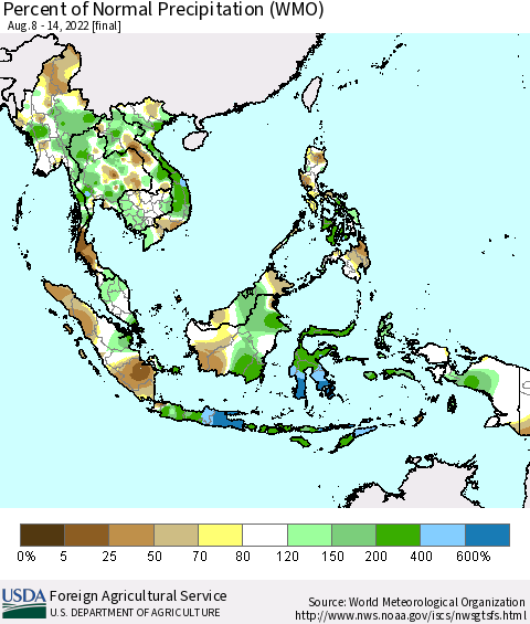 South East Asia Percent of Normal Precipitation (WMO) Thematic Map For 8/8/2022 - 8/14/2022
