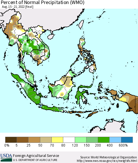 South East Asia Percent of Normal Precipitation (WMO) Thematic Map For 8/15/2022 - 8/21/2022