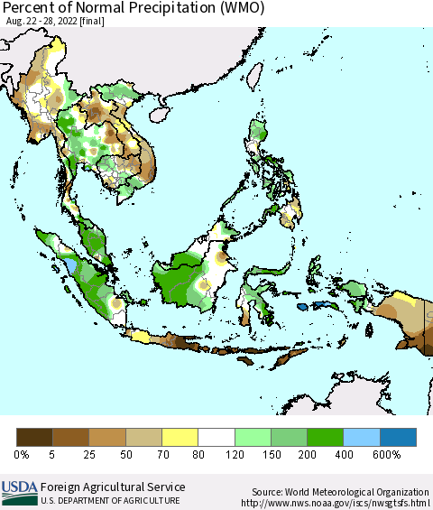 South East Asia Percent of Normal Precipitation (WMO) Thematic Map For 8/22/2022 - 8/28/2022