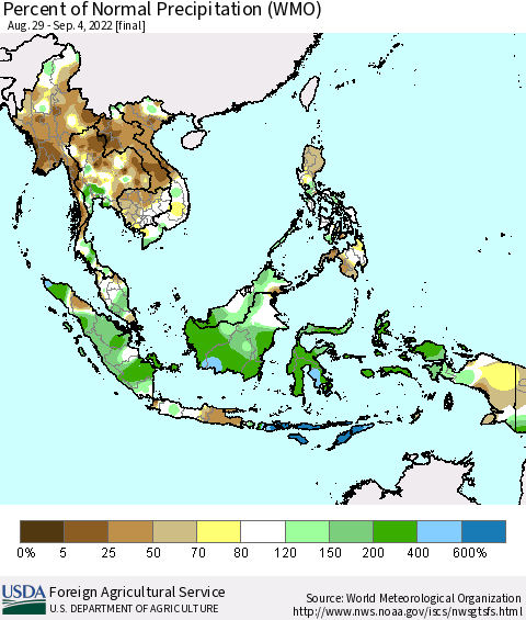 South East Asia Percent of Normal Precipitation (WMO) Thematic Map For 8/29/2022 - 9/4/2022