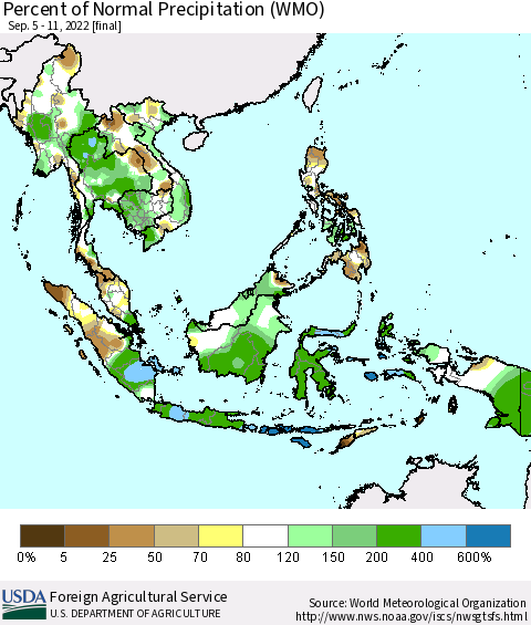 South East Asia Percent of Normal Precipitation (WMO) Thematic Map For 9/5/2022 - 9/11/2022