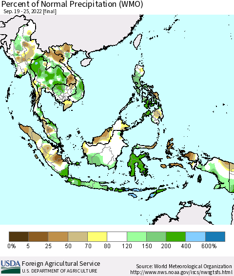 South East Asia Percent of Normal Precipitation (WMO) Thematic Map For 9/19/2022 - 9/25/2022