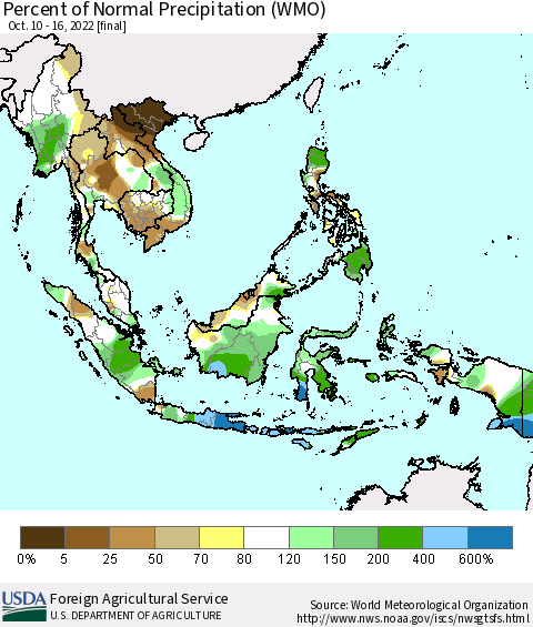 South East Asia Percent of Normal Precipitation (WMO) Thematic Map For 10/10/2022 - 10/16/2022