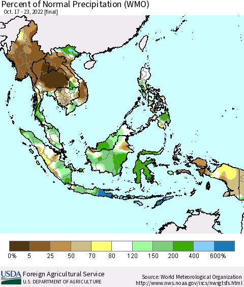 South East Asia Percent of Normal Precipitation (WMO) Thematic Map For 10/17/2022 - 10/23/2022