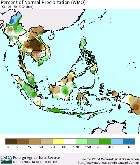 South East Asia Percent of Normal Precipitation (WMO) Thematic Map For 10/24/2022 - 10/30/2022