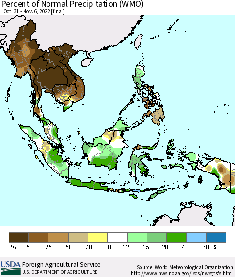 South East Asia Percent of Normal Precipitation (WMO) Thematic Map For 10/31/2022 - 11/6/2022
