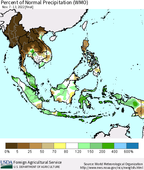 South East Asia Percent of Normal Precipitation (WMO) Thematic Map For 11/7/2022 - 11/13/2022