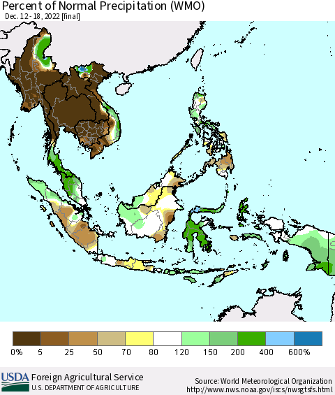 South East Asia Percent of Normal Precipitation (WMO) Thematic Map For 12/12/2022 - 12/18/2022