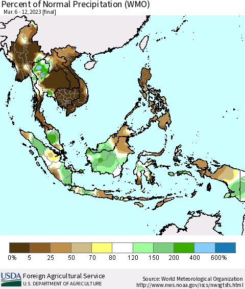 South East Asia Percent of Normal Precipitation (WMO) Thematic Map For 3/6/2023 - 3/12/2023