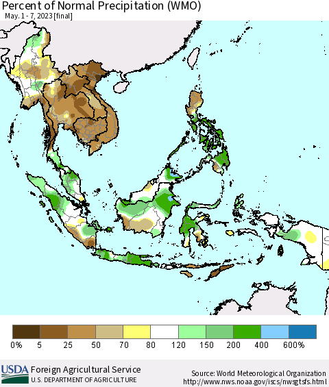 South East Asia Percent of Normal Precipitation (WMO) Thematic Map For 5/1/2023 - 5/7/2023