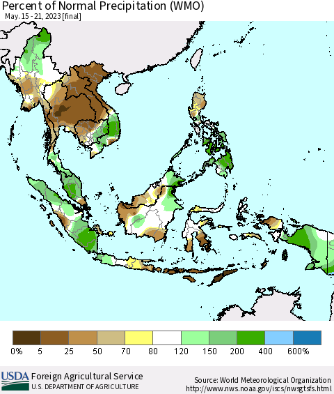 South East Asia Percent of Normal Precipitation (WMO) Thematic Map For 5/15/2023 - 5/21/2023