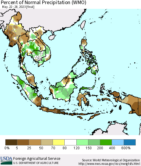 South East Asia Percent of Normal Precipitation (WMO) Thematic Map For 5/22/2023 - 5/28/2023