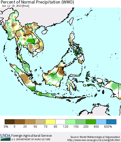 South East Asia Percent of Normal Precipitation (WMO) Thematic Map For 6/12/2023 - 6/18/2023