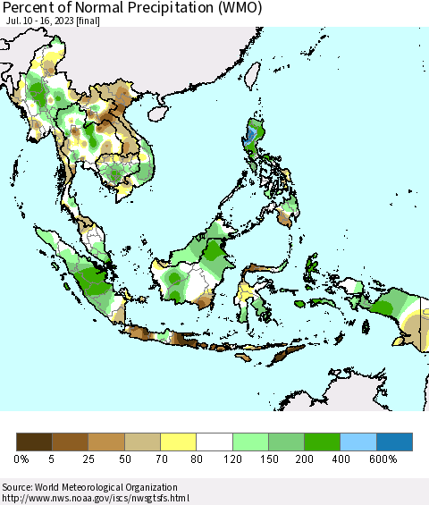 South East Asia Percent of Normal Precipitation (WMO) Thematic Map For 7/10/2023 - 7/16/2023