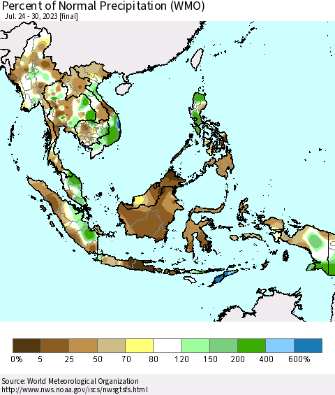 South East Asia Percent of Normal Precipitation (WMO) Thematic Map For 7/24/2023 - 7/30/2023