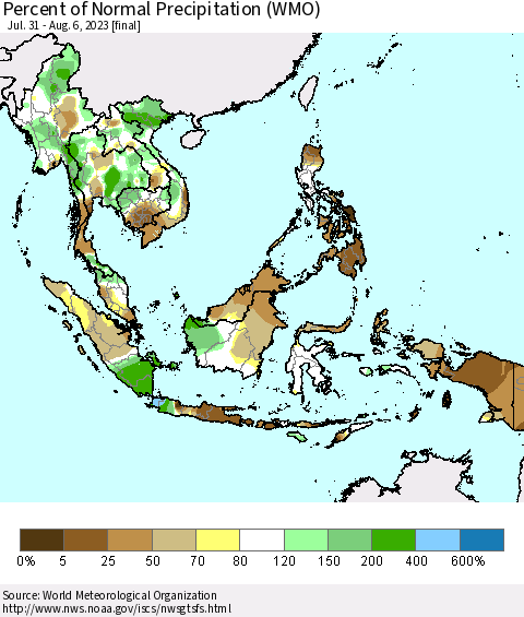 South East Asia Percent of Normal Precipitation (WMO) Thematic Map For 7/31/2023 - 8/6/2023