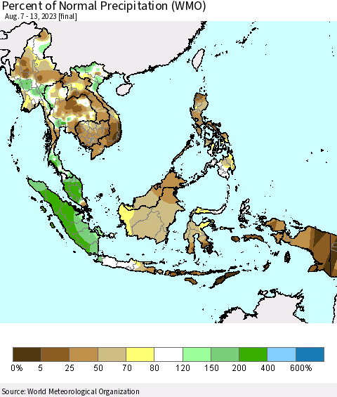 South East Asia Percent of Normal Precipitation (WMO) Thematic Map For 8/7/2023 - 8/13/2023