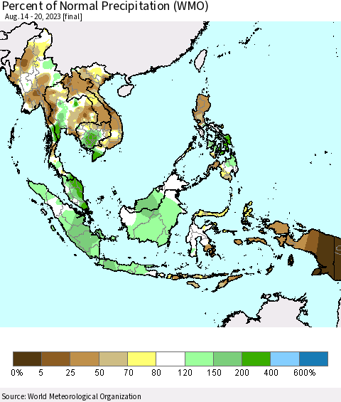 South East Asia Percent of Normal Precipitation (WMO) Thematic Map For 8/14/2023 - 8/20/2023