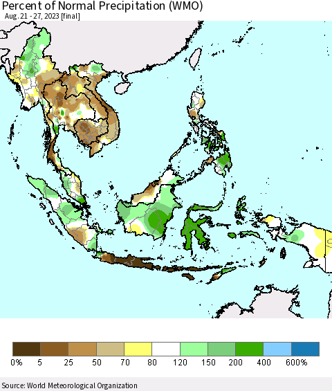 South East Asia Percent of Normal Precipitation (WMO) Thematic Map For 8/21/2023 - 8/27/2023