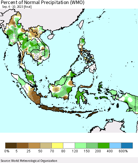 South East Asia Percent of Normal Precipitation (WMO) Thematic Map For 9/4/2023 - 9/10/2023