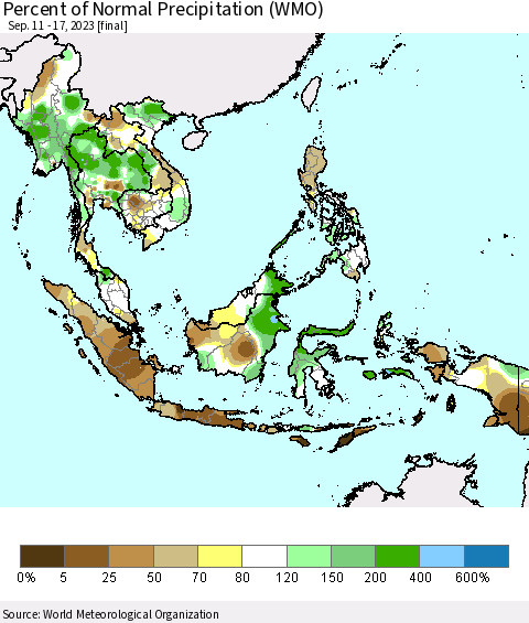 South East Asia Percent of Normal Precipitation (WMO) Thematic Map For 9/11/2023 - 9/17/2023