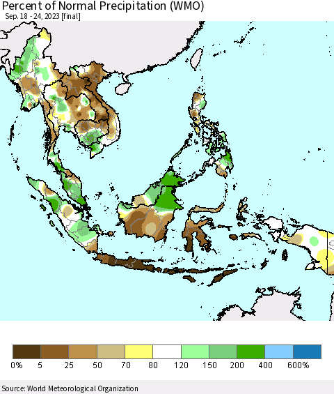 South East Asia Percent of Normal Precipitation (WMO) Thematic Map For 9/18/2023 - 9/24/2023