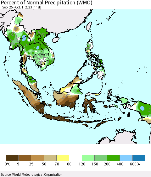 South East Asia Percent of Normal Precipitation (WMO) Thematic Map For 9/25/2023 - 10/1/2023