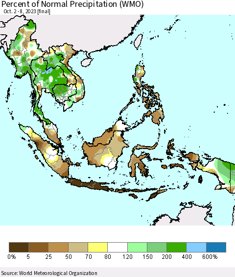 South East Asia Percent of Normal Precipitation (WMO) Thematic Map For 10/2/2023 - 10/8/2023