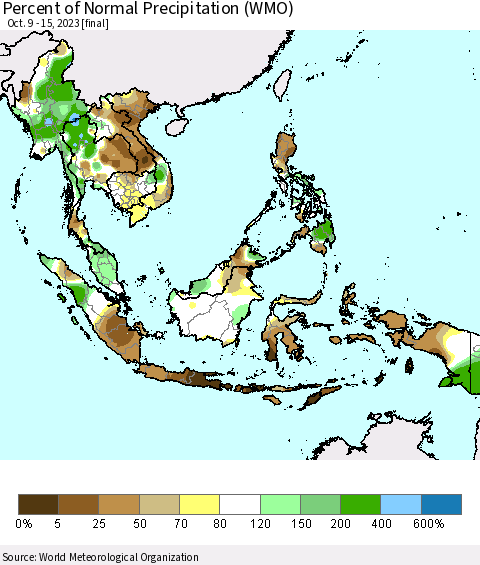 South East Asia Percent of Normal Precipitation (WMO) Thematic Map For 10/9/2023 - 10/15/2023
