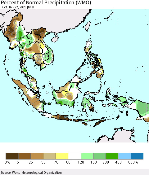 South East Asia Percent of Normal Precipitation (WMO) Thematic Map For 10/16/2023 - 10/22/2023