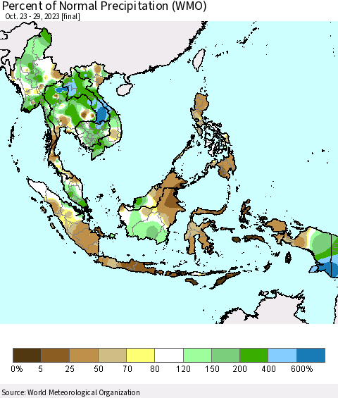 South East Asia Percent of Normal Precipitation (WMO) Thematic Map For 10/23/2023 - 10/29/2023