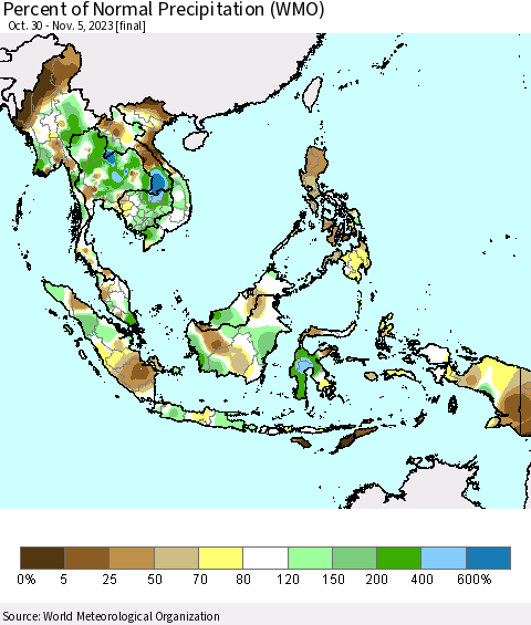 South East Asia Percent of Normal Precipitation (WMO) Thematic Map For 10/30/2023 - 11/5/2023