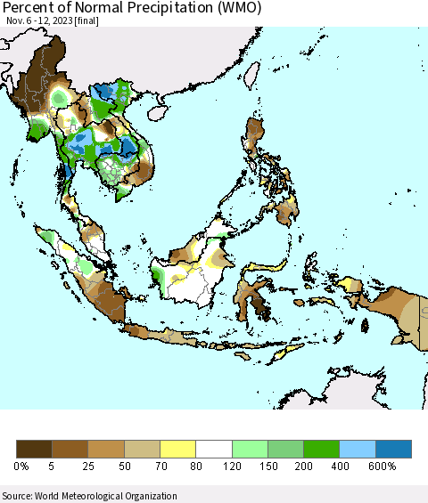 South East Asia Percent of Normal Precipitation (WMO) Thematic Map For 11/6/2023 - 11/12/2023