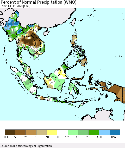 South East Asia Percent of Normal Precipitation (WMO) Thematic Map For 11/13/2023 - 11/19/2023